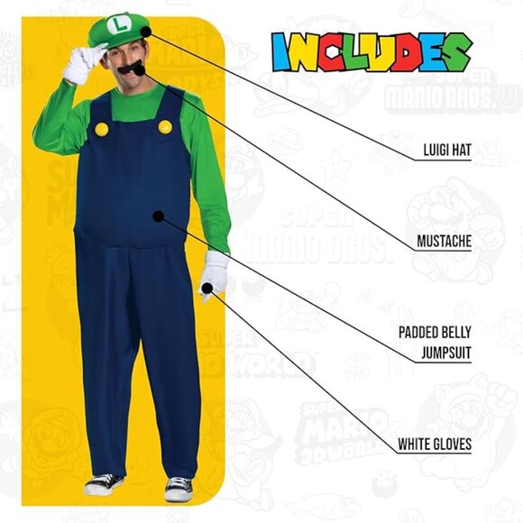 Disguise Men's Luigi Deluxe Adult Costume, Green, XXL - Picture 3 of 6